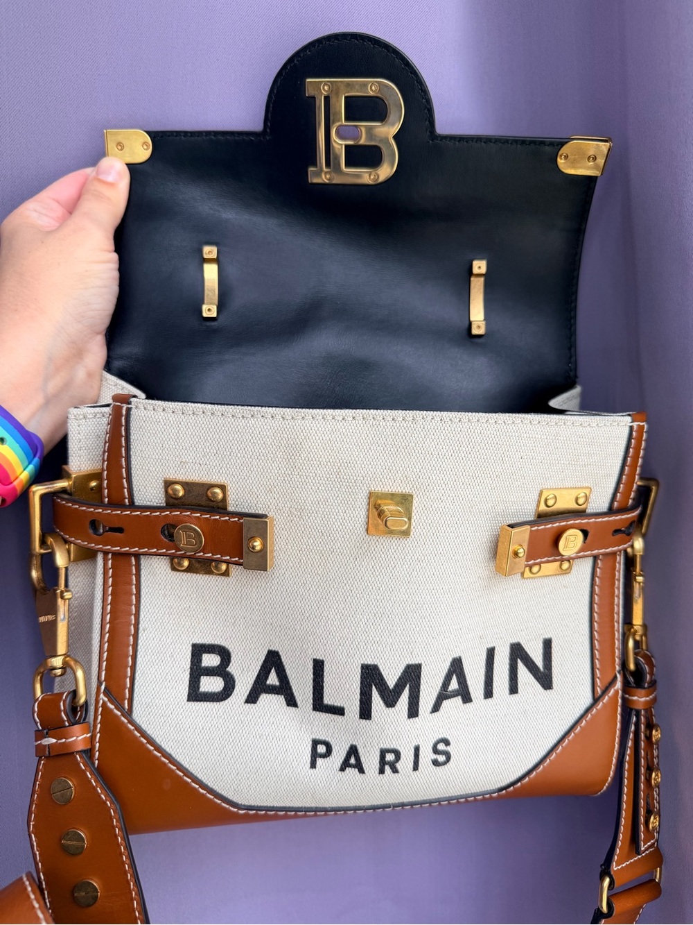 Balmain B-Buzz Cream Canvas and Tan Leather Logo Satchel - Picture 11 of 15